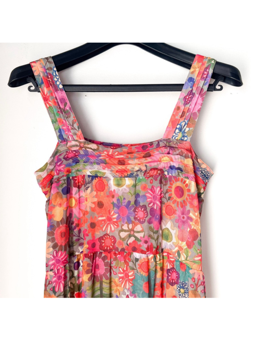 Natural Life Floral Mesh Tiered Maxi Dress Sz M Boho Cottage Rainbow Calico - Picture 3 of 9